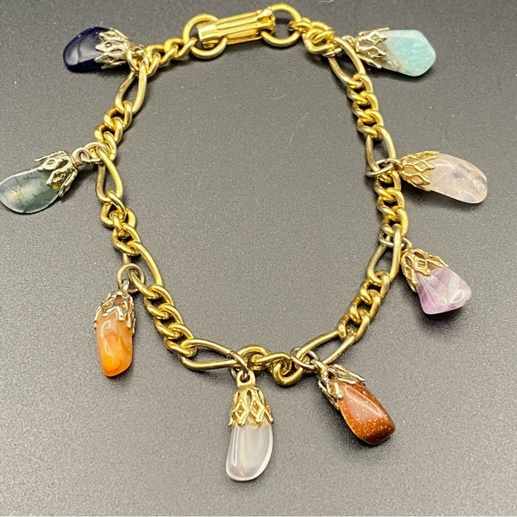 Gemstone Pebble Nugget Charm Bracelet Semi Precious Polished Stones - Picture 1 of 9